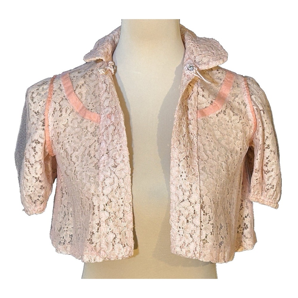 1930'S Handmade Floral Lace Peachy Coral Bolero Crop Jacket Well Made - Picture 6 of 9